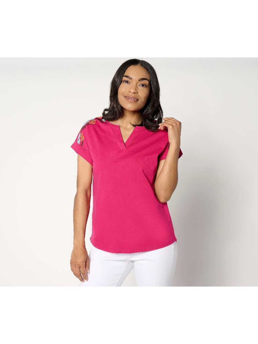 Denim and Company Top Size 1X Cotton Slub Jersey Embroidered Dolman Beetroot NEW